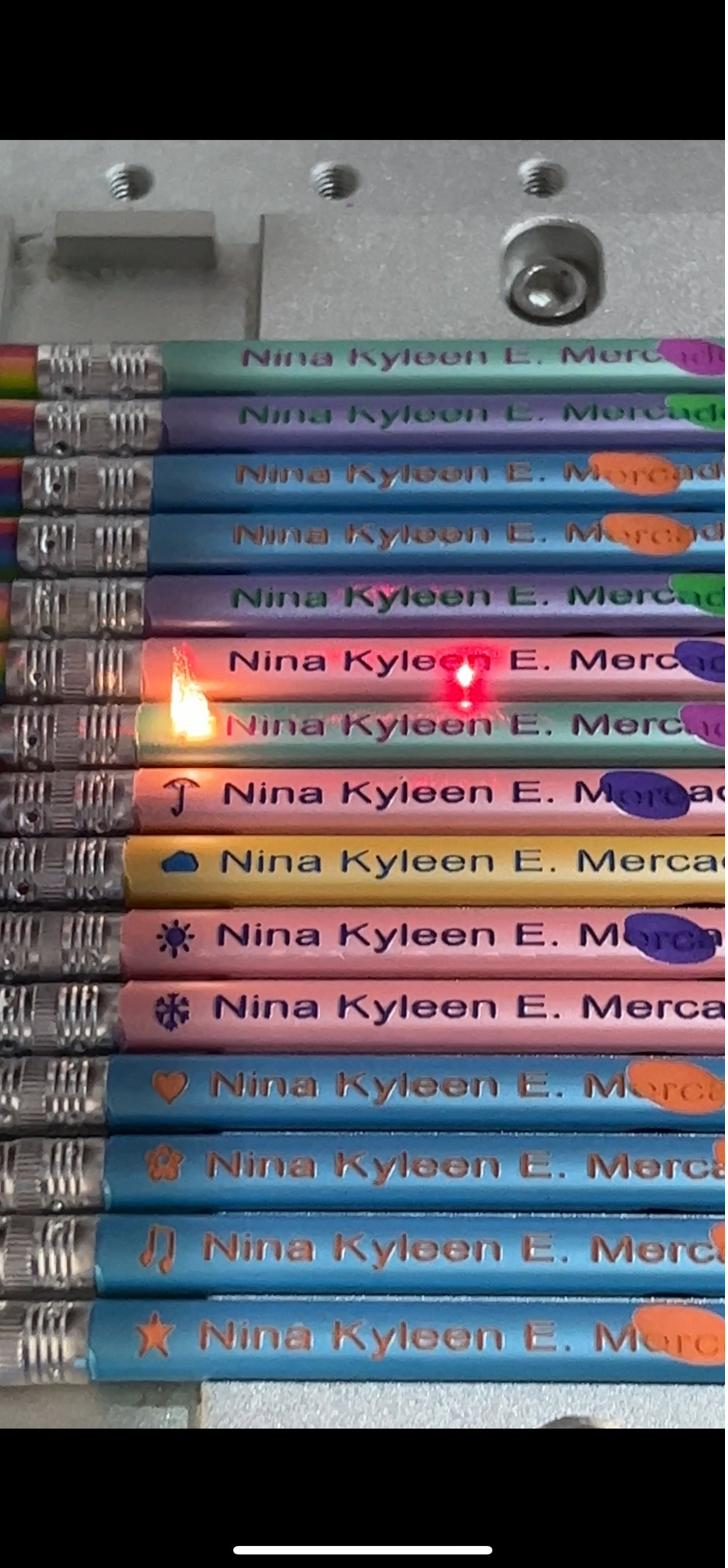 Personalized pencils engraved with a CO2 laser